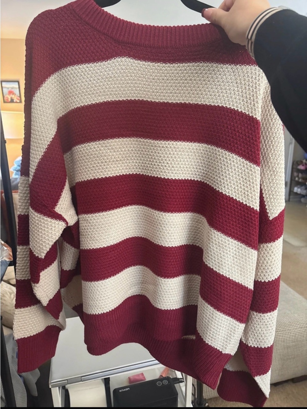 Zenana Outfitters Burgundy and Cream Striped Crewneck Sweater